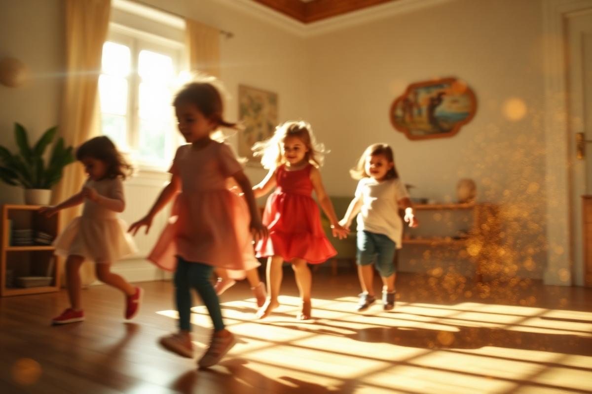 Children dancing joyfully in a sunlit room with floating golden particles.