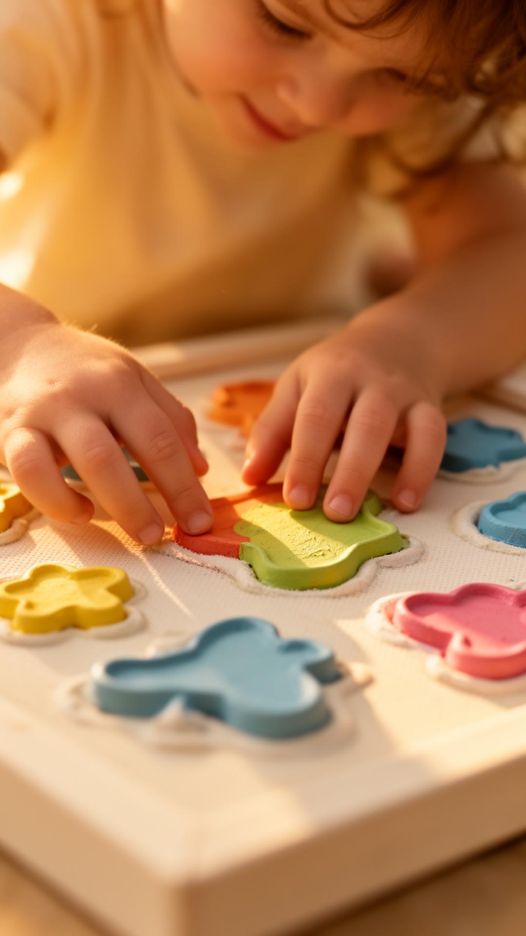 A child's hands gently exploring raised, textured colorful shapes on a tactile canvas in warm light.